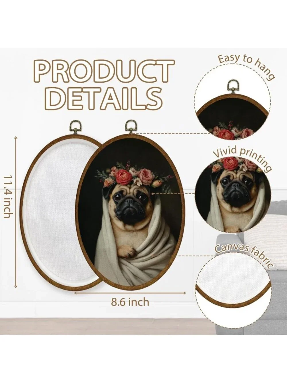 Funny Pug Floral Wall Art Decor | Oval Framed Canvas Print for Dog Lovers